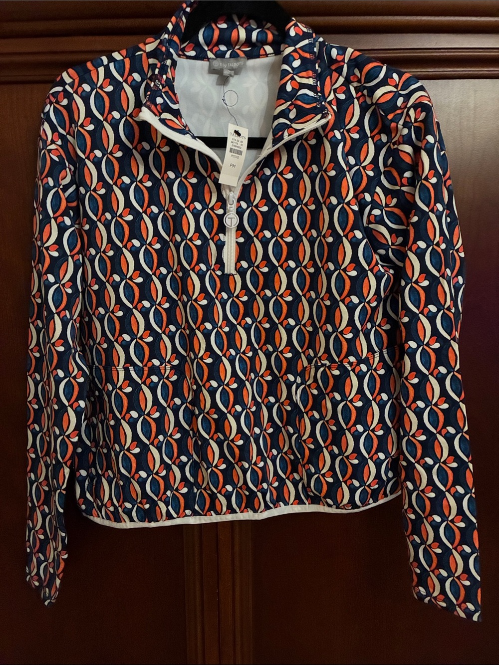 Talbots Womens Navy Patterned Quarter-Zip Top with Orange & White Accents